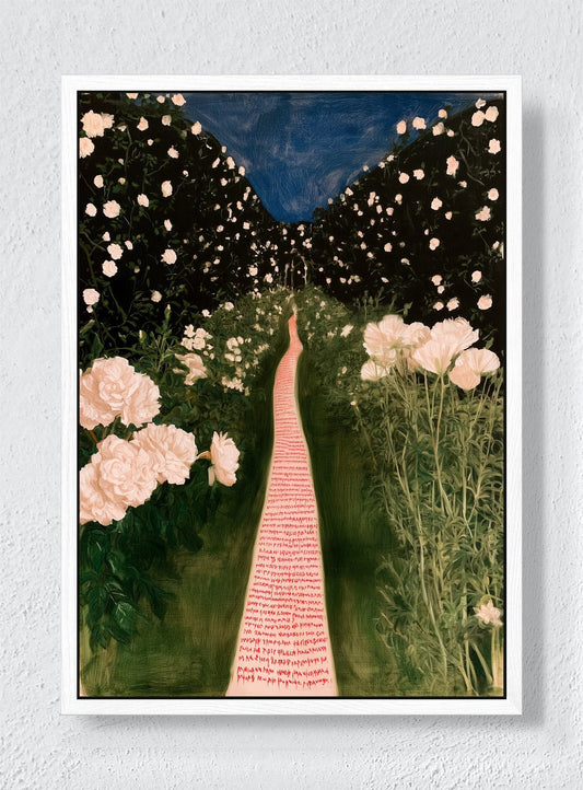 A PATH THROUGH PEONIES - White frame canvas