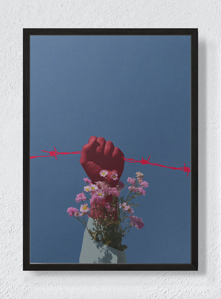 BLOOM AGAINST BARBS - Black frame canvas