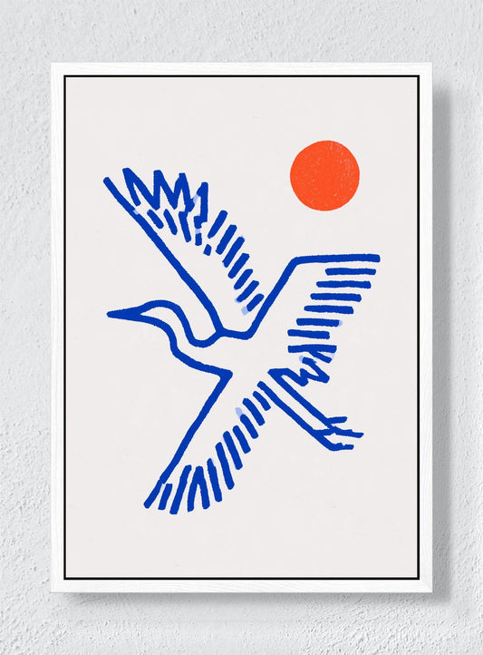 BLUE WINGS RED SUN - White frame canvas