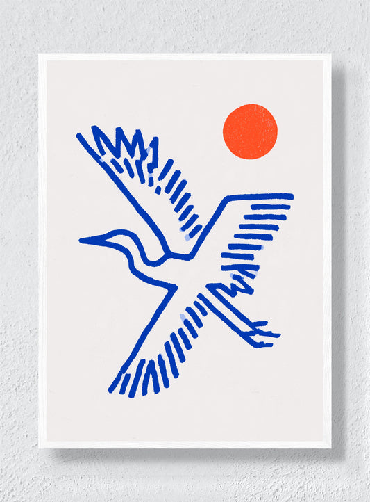 BLUE WINGS RED SUN - White Frame