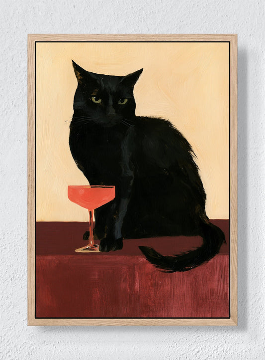 COCKTAIL HOUR CAT - Natural frame canvas