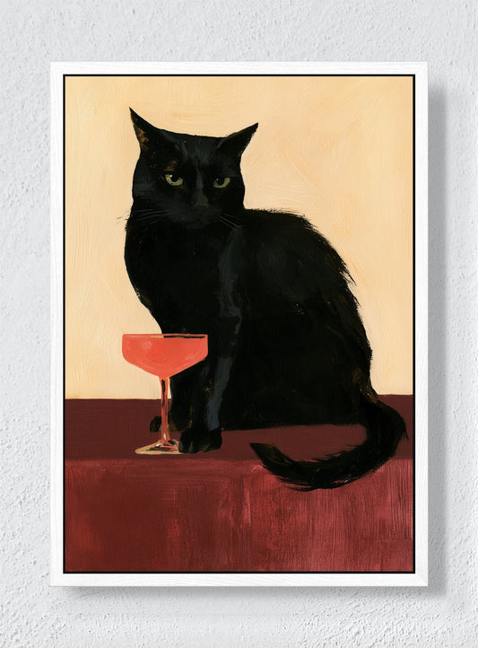 COCKTAIL HOUR CAT - White frame canvas