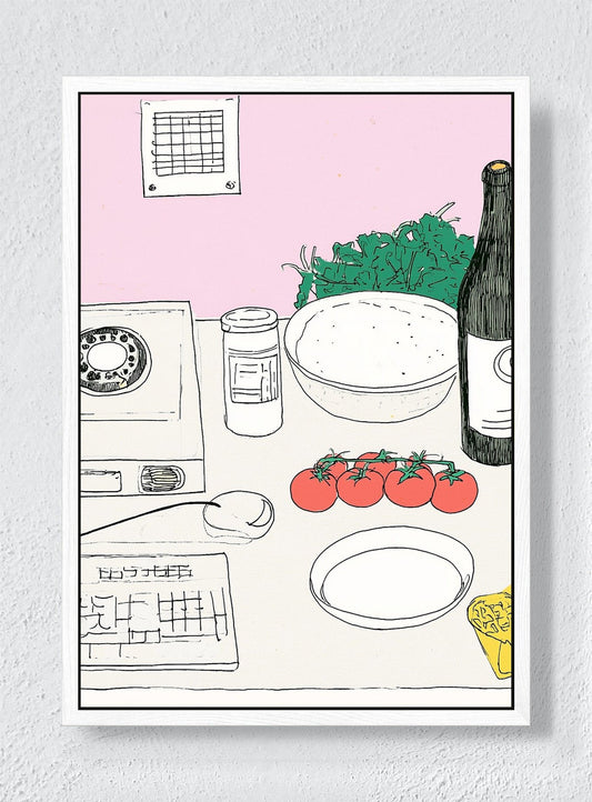 DINNER BEFORE THE PHONE RINGS - White frame canvas