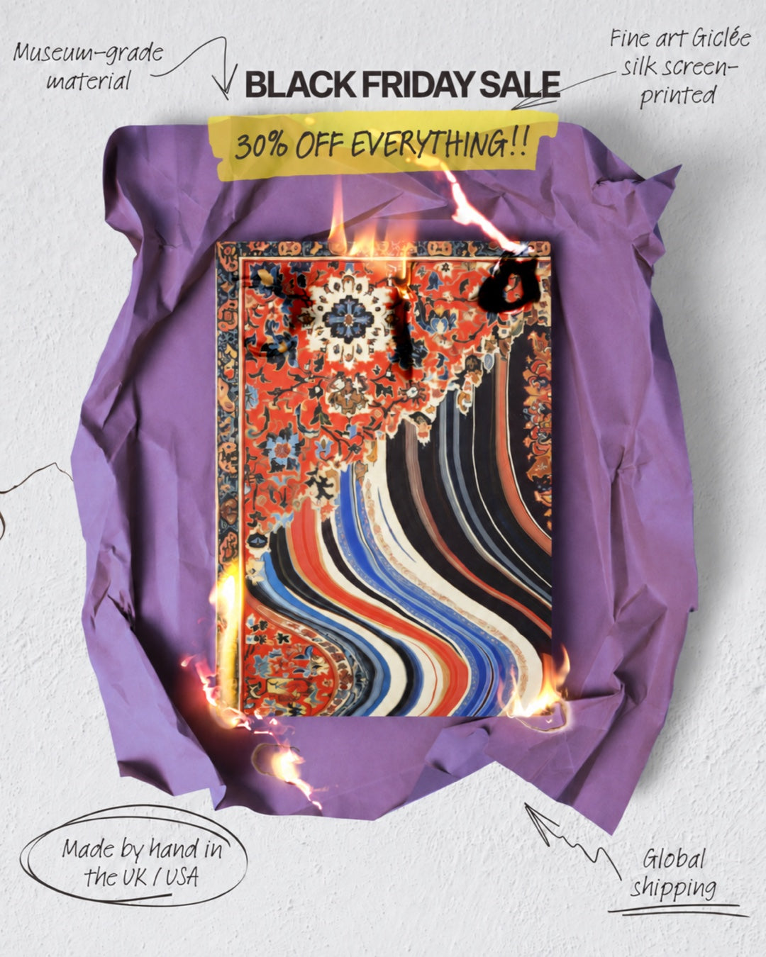HUEDRA Black Friday Sale, 30% off: purple wrap artwork