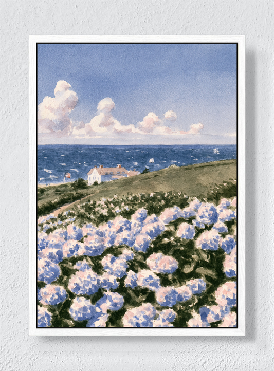 HYDRANGEAS BY THE SEA - White frame canvas