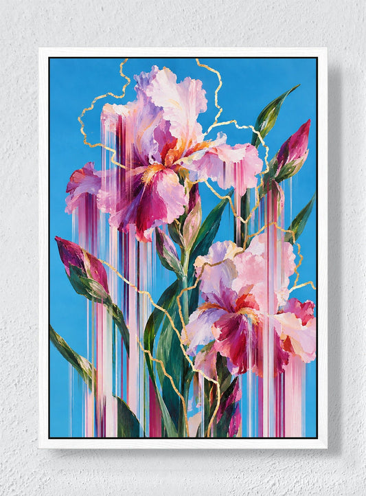 IRISES WITH GOLDEN FAULT LINES - White frame canvas