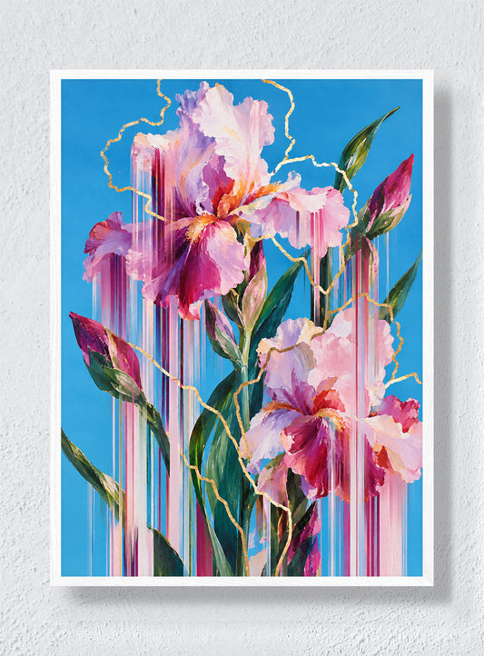 IRISES WITH GOLDEN FAULT LINES - White Frame