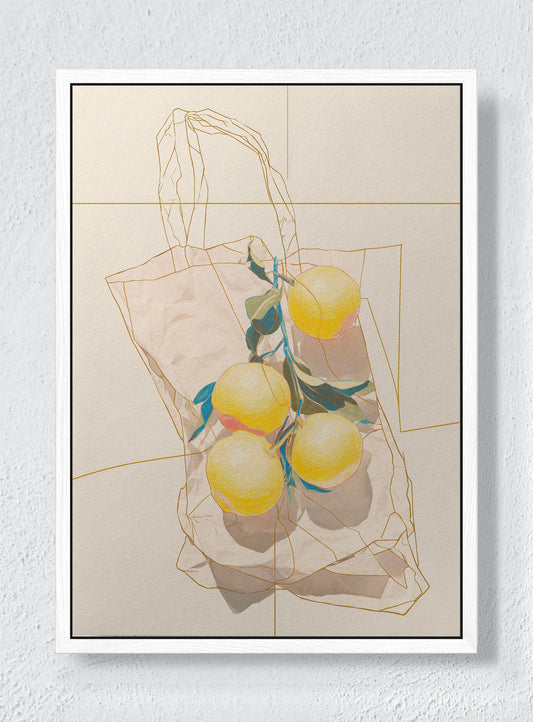 LEMONS IN A QUIET CONTAINER - White frame canvas