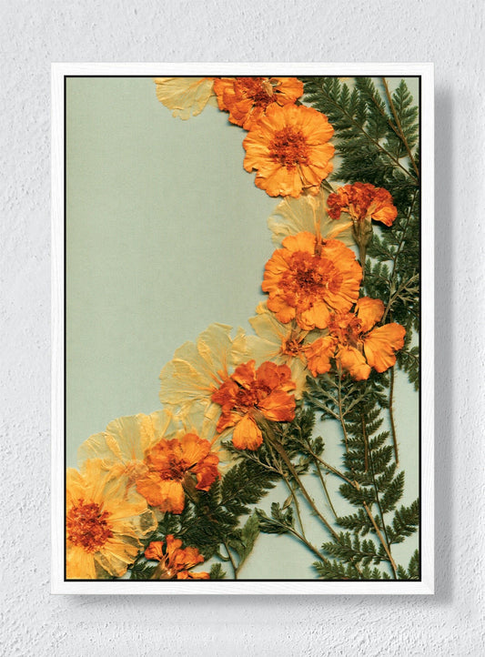 MARIGOLDS IN THE MARGIN - White frame canvas