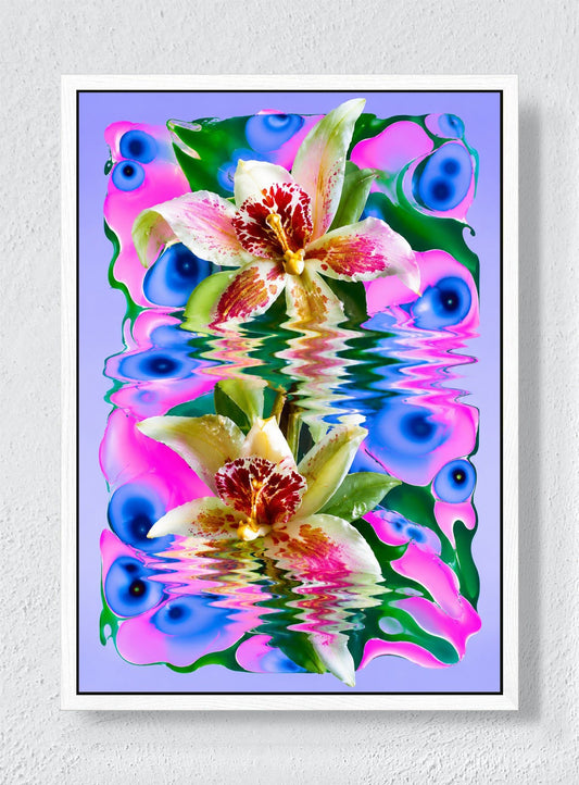 ORCHIDS IN A SYNTHETIC POND - White frame canvas