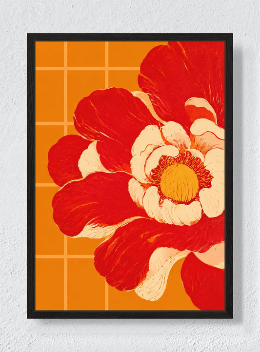 RED PETALS AGAINST ORANGE TILE - Black frame canvas