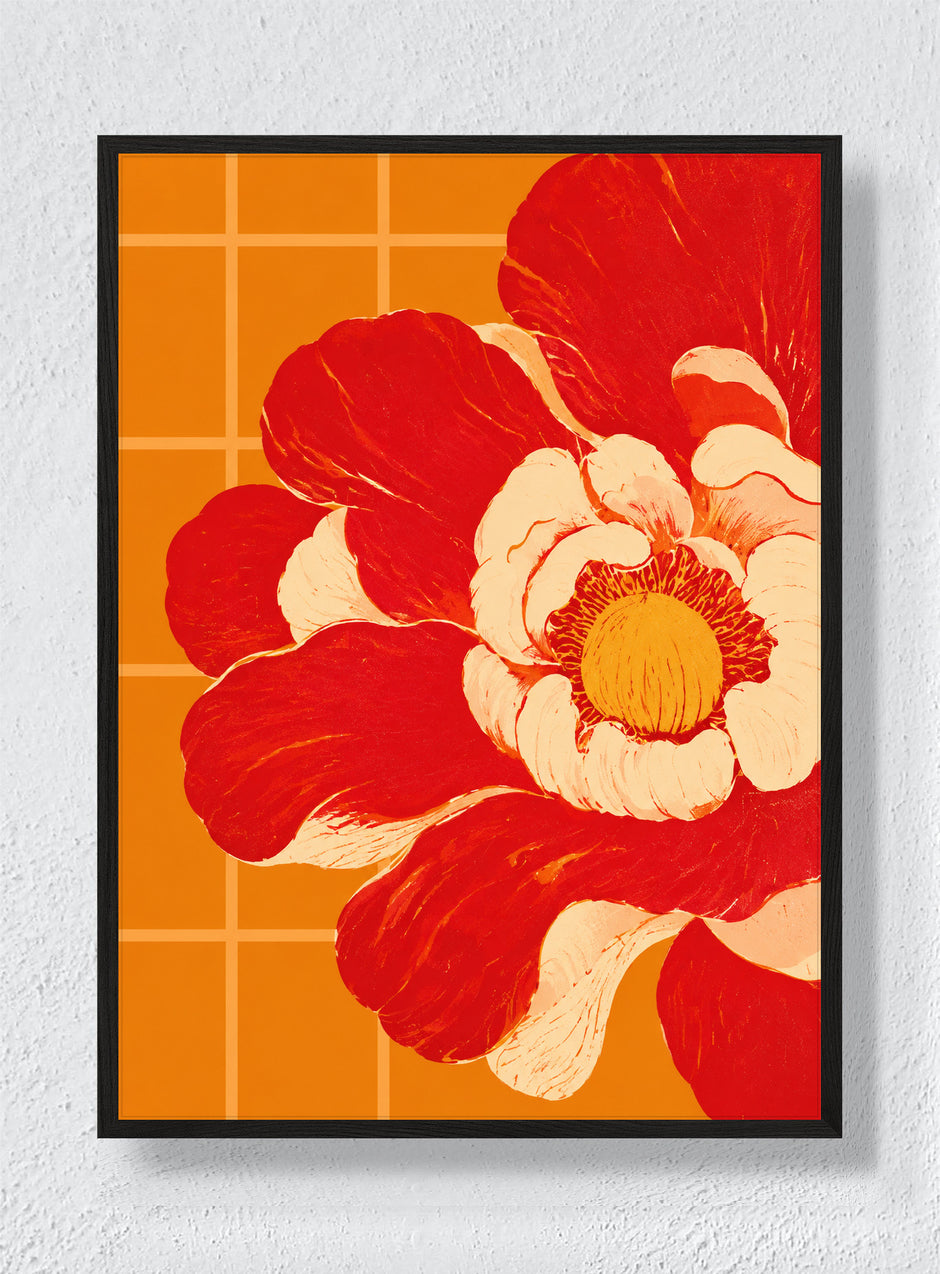 RED PETALS AGAINST ORANGE TILE - Black Frame