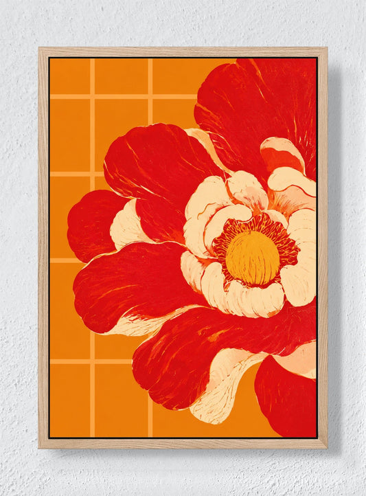 RED PETALS AGAINST ORANGE TILE - Natural frame canvas