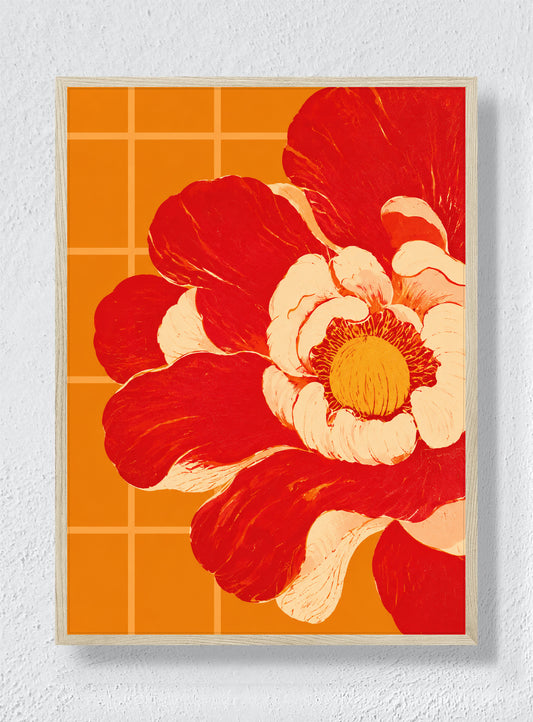 RED PETALS AGAINST ORANGE TILE - Natural Frame