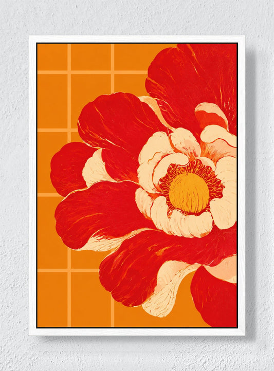 RED PETALS AGAINST ORANGE TILE - White frame canvas