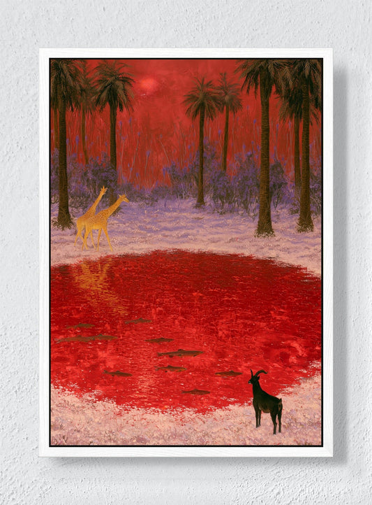 RED WATERING HOLE - White frame canvas