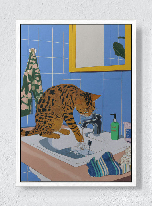 THE FELINE FOUNTAIN - White frame canvas