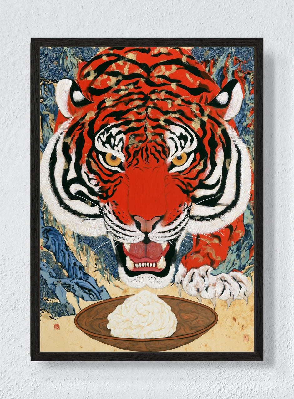TIGER AT THE TABLE - Black frame canvas