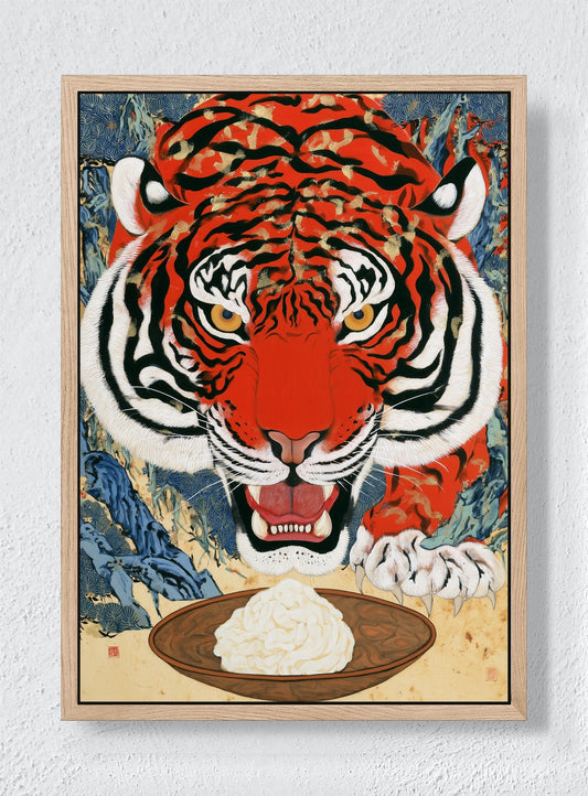 TIGER AT THE TABLE - Natural frame canvas