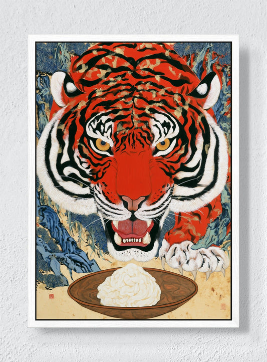 TIGER AT THE TABLE - White frame canvas