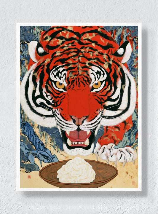 TIGER AT THE TABLE - White Frame