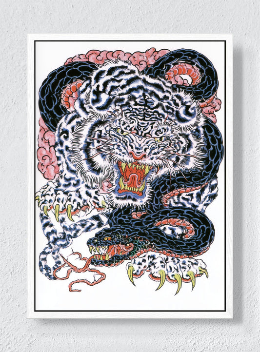 TIGER IN THE COILS - White frame canvas