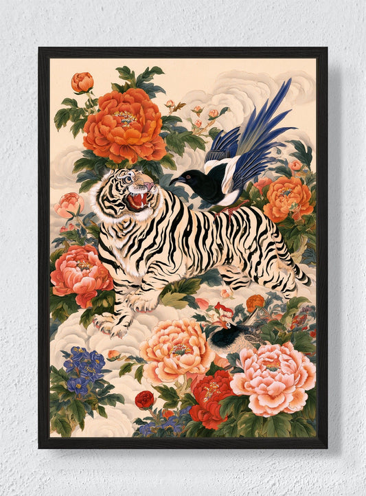 TIGER IN THE PEONY GARDEN - Black frame canvas