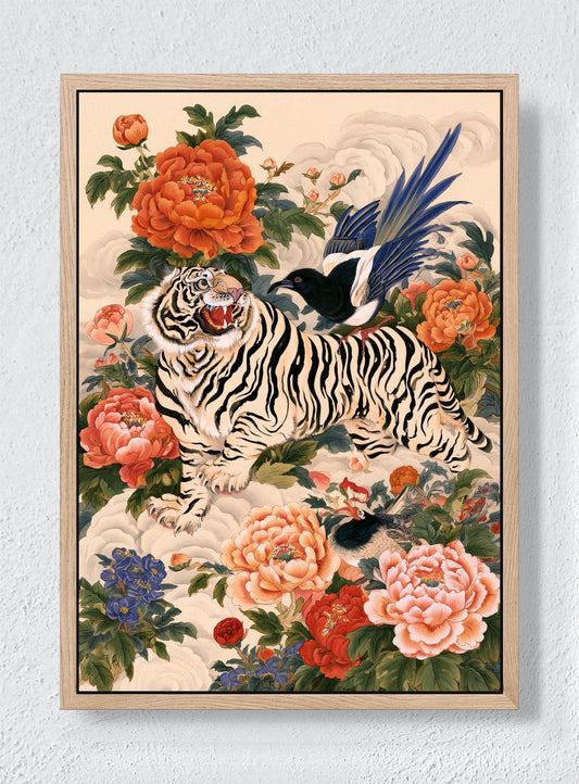 TIGER IN THE PEONY GARDEN - Natural frame canvas