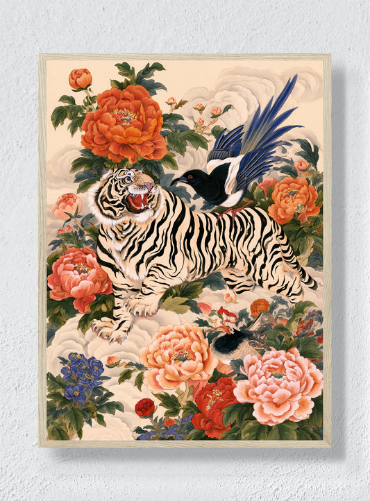 TIGER IN THE PEONY GARDEN - Natural Frame