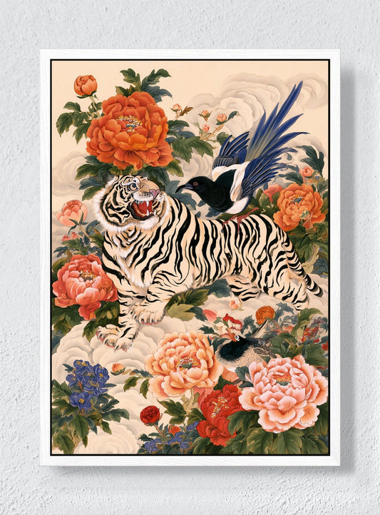TIGER IN THE PEONY GARDEN - White frame canvas