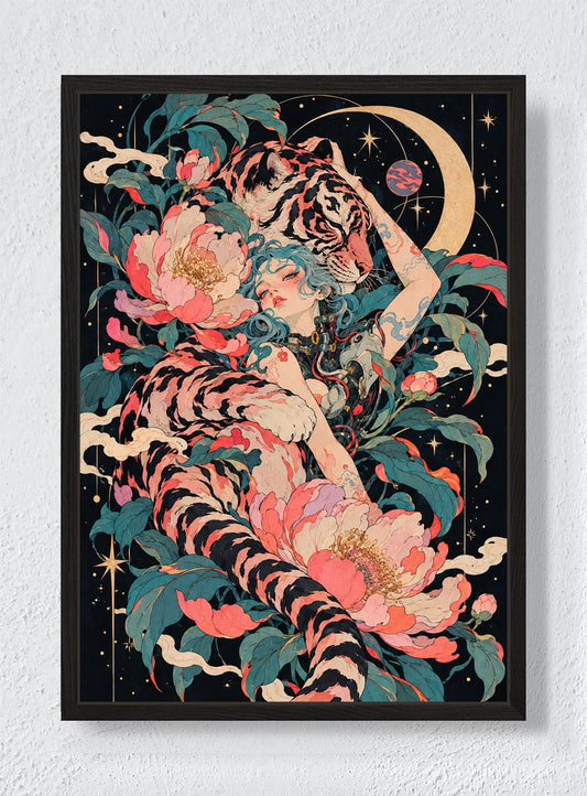 TIGER MOON, PEONY BODY - Black frame canvas