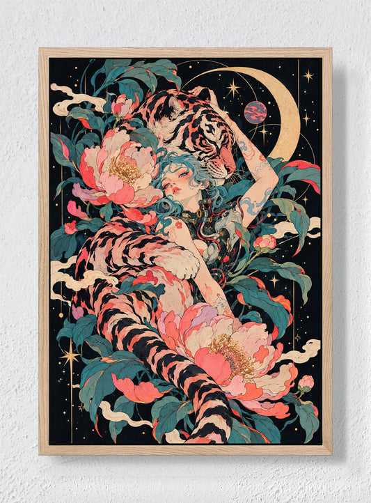 TIGER MOON, PEONY BODY - Natural frame canvas