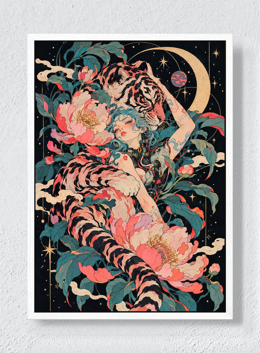 TIGER MOON, PEONY BODY - White frame canvas