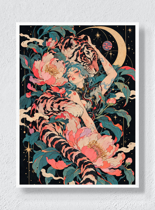 TIGER MOON, PEONY BODY - White Frame