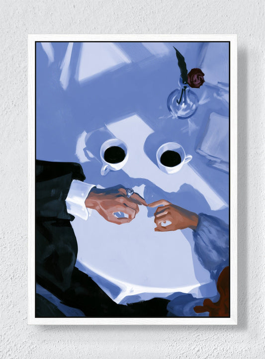 TWO CUPS AND A PROMISE - White frame canvas