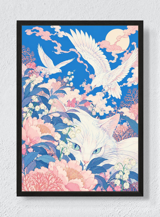 WHITE CAT UNDER THE CORAL MOON - Black frame canvas