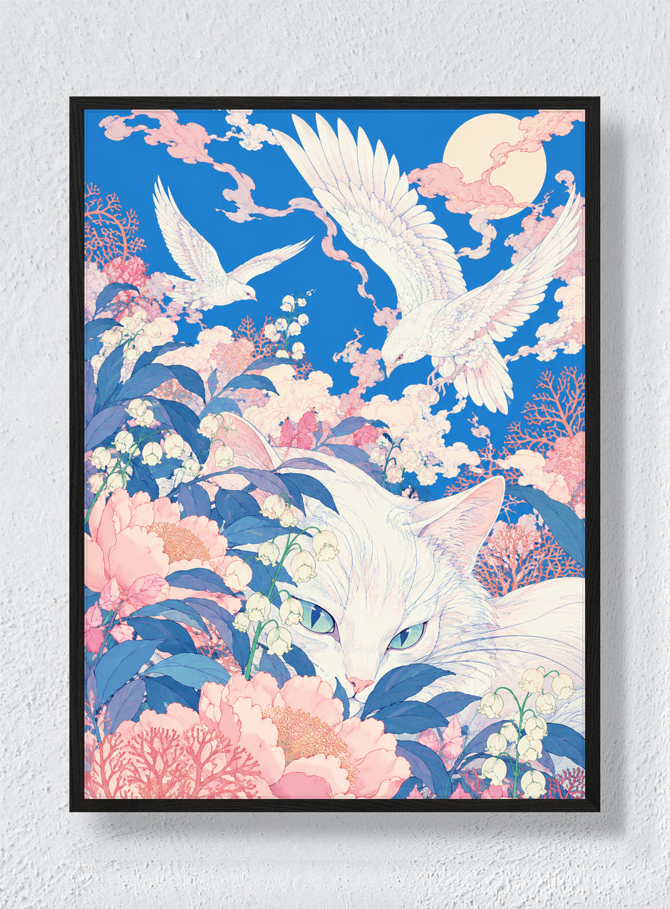 WHITE CAT UNDER THE CORAL MOON - Black Frame
