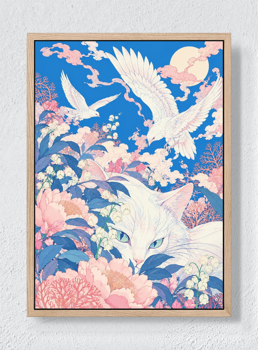 WHITE CAT UNDER THE CORAL MOON - Natural frame canvas