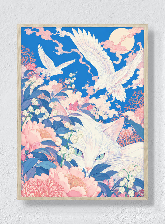 WHITE CAT UNDER THE CORAL MOON - Natural Frame