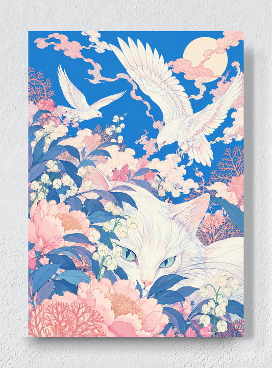 WHITE CAT UNDER THE CORAL MOON - Unframed canvas