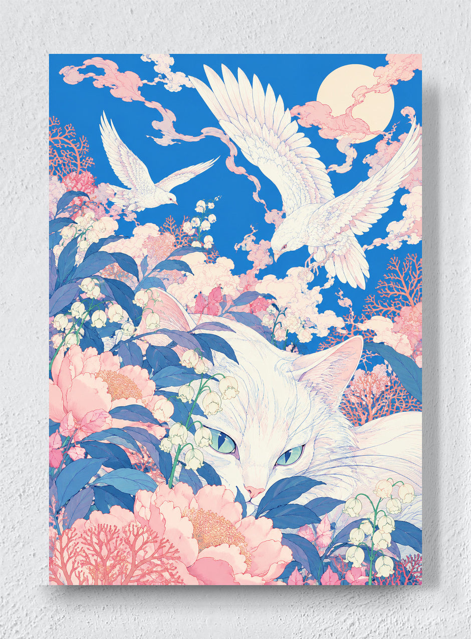 WHITE CAT UNDER THE CORAL MOON - Unframed canvas