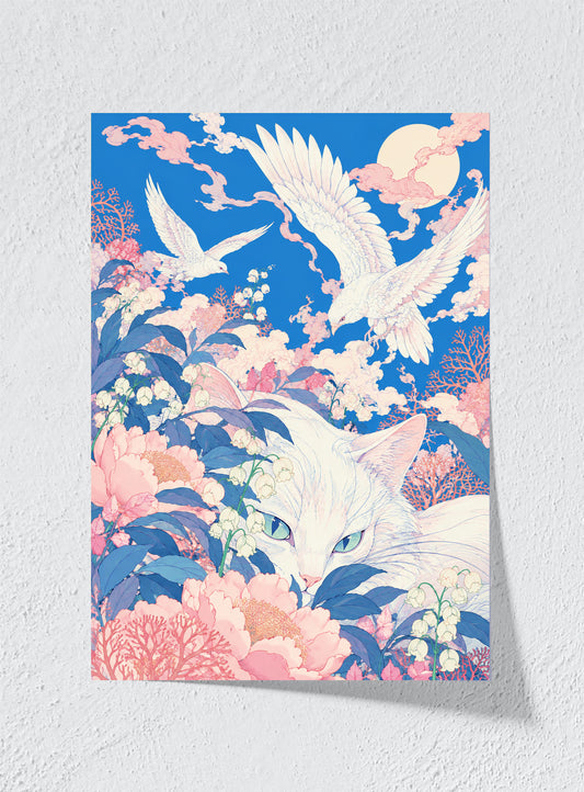WHITE CAT UNDER THE CORAL MOON - Unframed