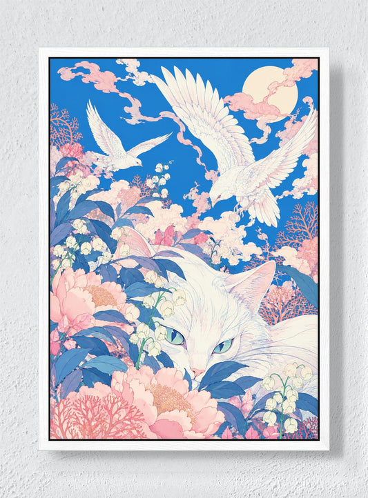 WHITE CAT UNDER THE CORAL MOON - White frame canvas