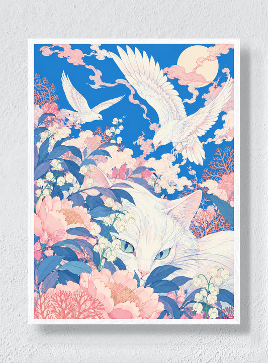 WHITE CAT UNDER THE CORAL MOON - White Frame